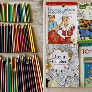 Adult Coloring Bundle! 4 Books (partial) 90 Pencils, sharpener, tote!